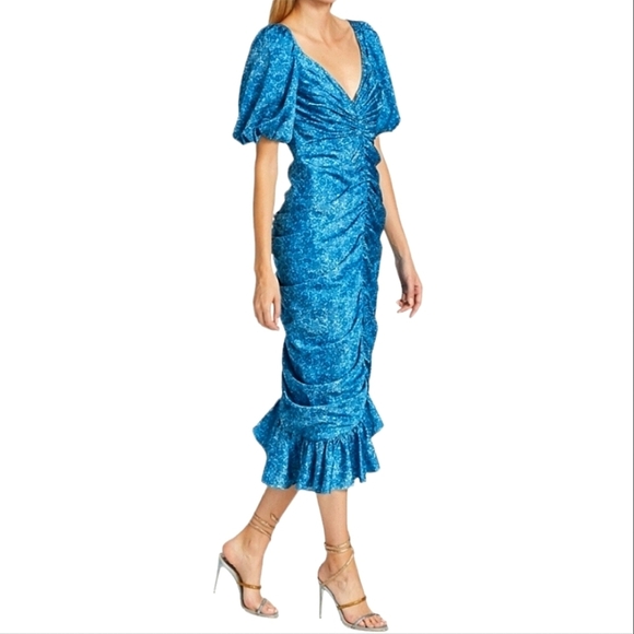 AMUR Floral Ruched Mermaid Tiered Puff Sleeve Peasant Blue Midi Dress. Size 10. - Picture 3 of 15